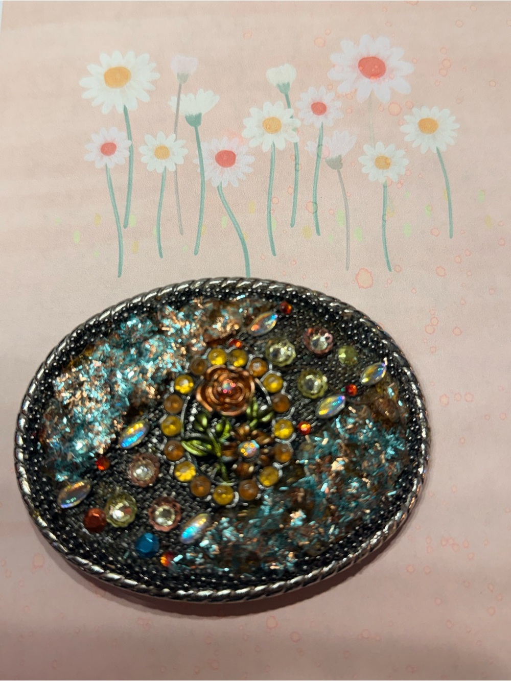Handcrafted Floral Mosaic Oval Belt Buckle in Teal and Gold